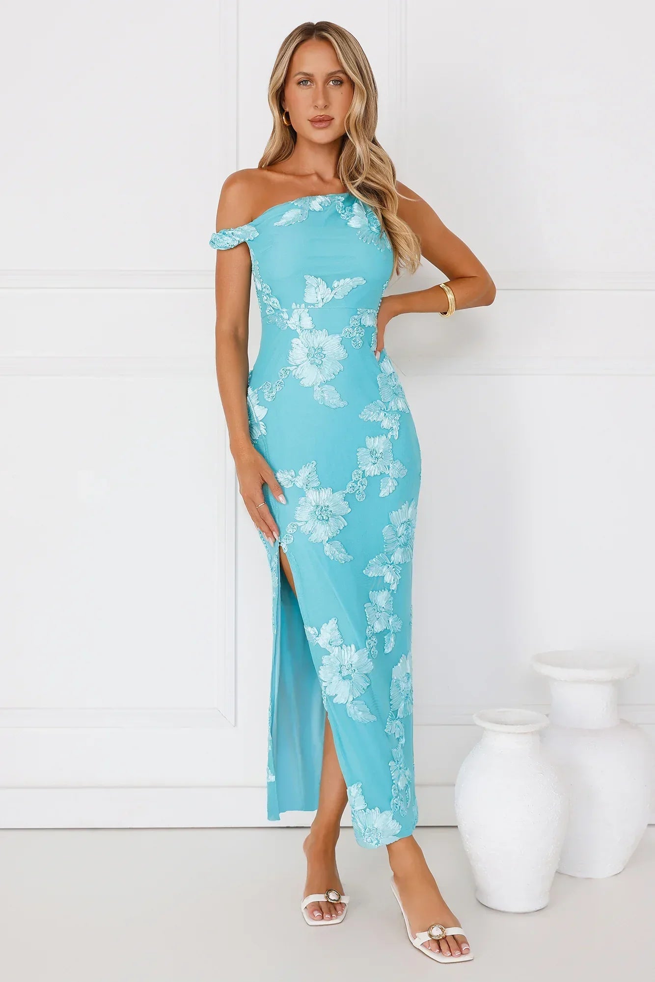 Billions Off Shoulder Mesh Maxi Dress