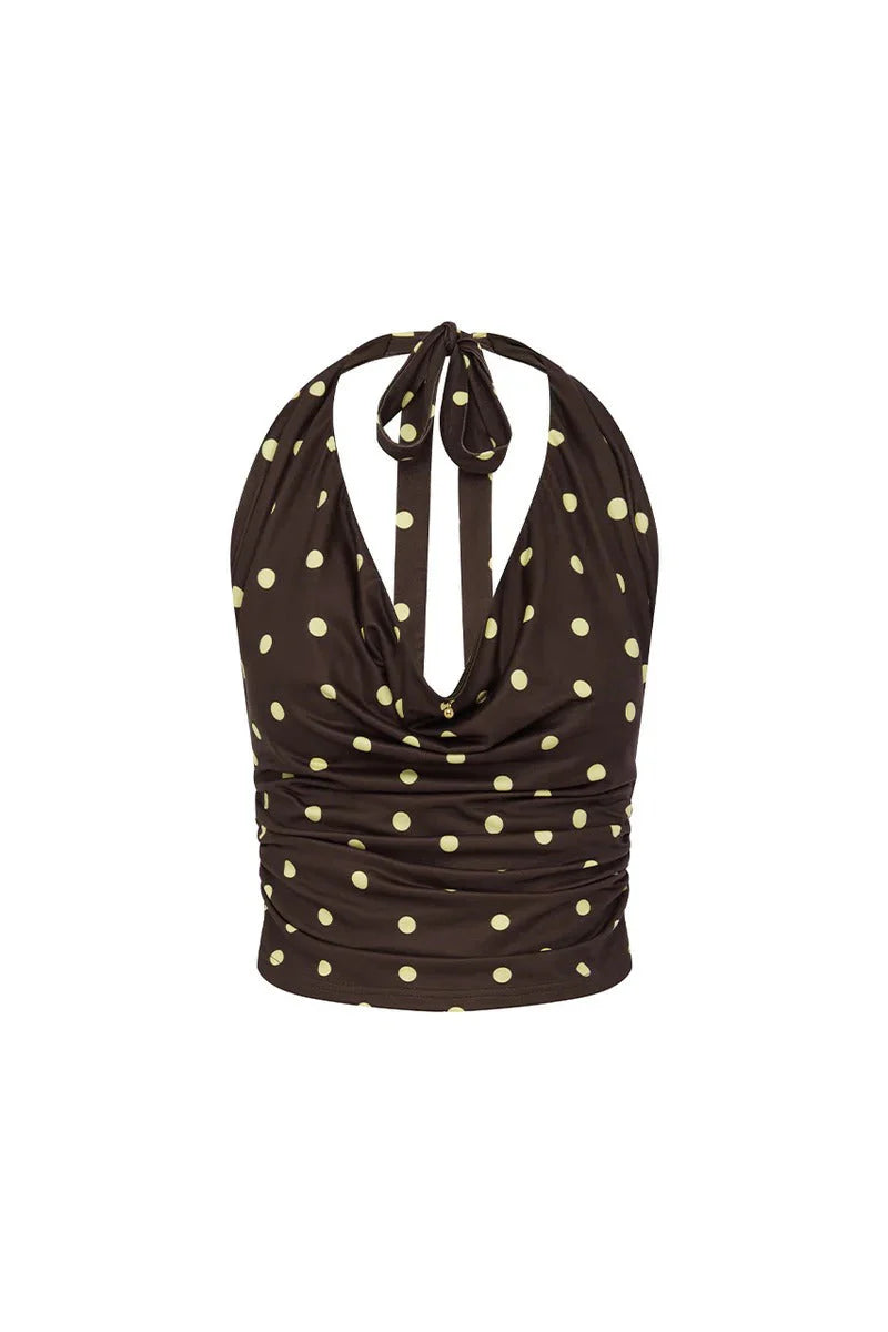 Melody Halter Top - Choc/Lemon Polka