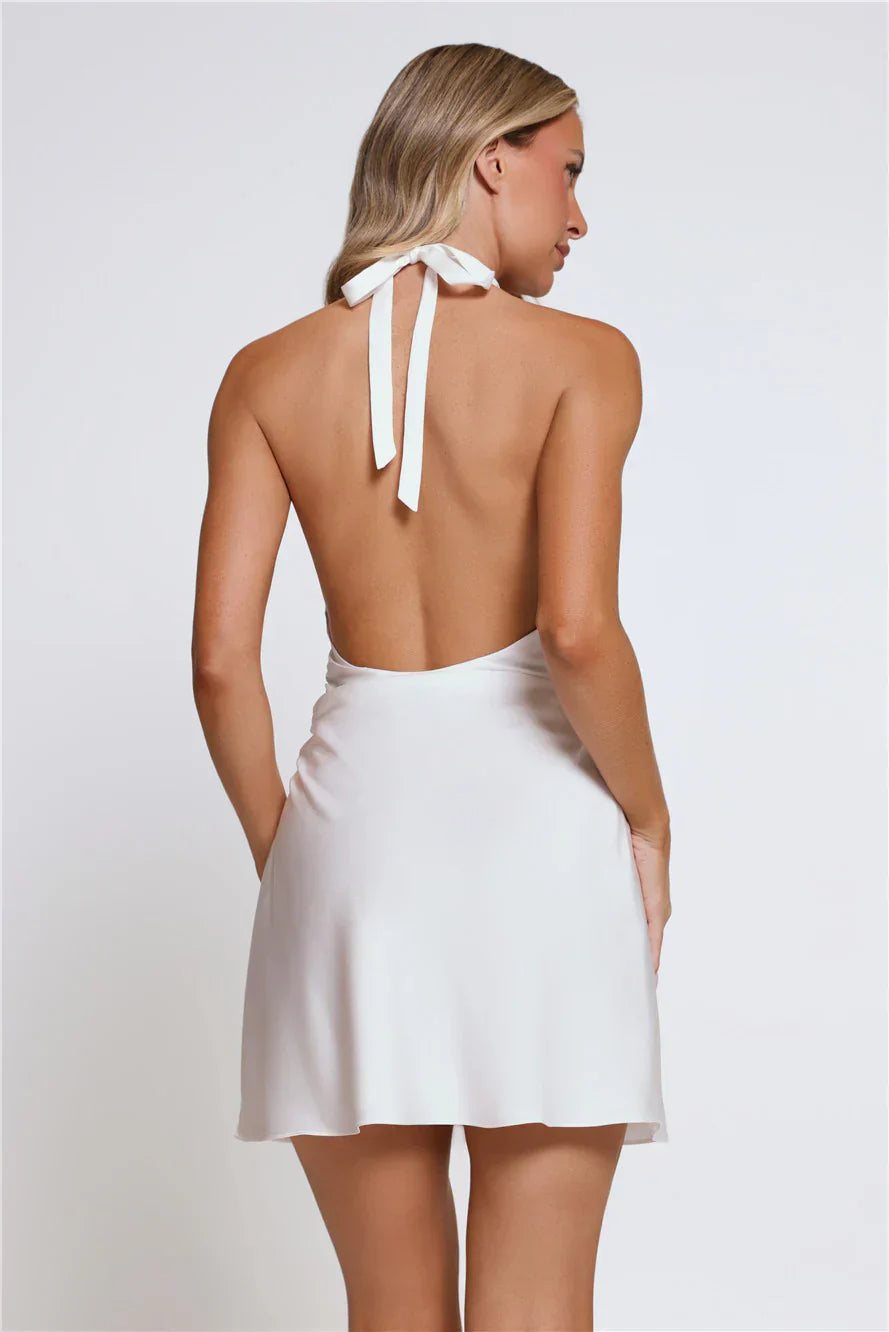 Cosmic Energy Halter Satin Mini Dress White