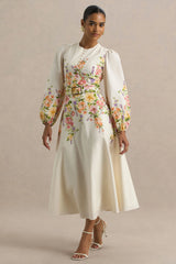 Dahlia | White Floral Border Print High-Neck Midi Dress