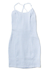 Blue Gingham Lace Up Back Mini Dress