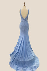 V Neck Beaded Blue Mermaid Long Formal Dress