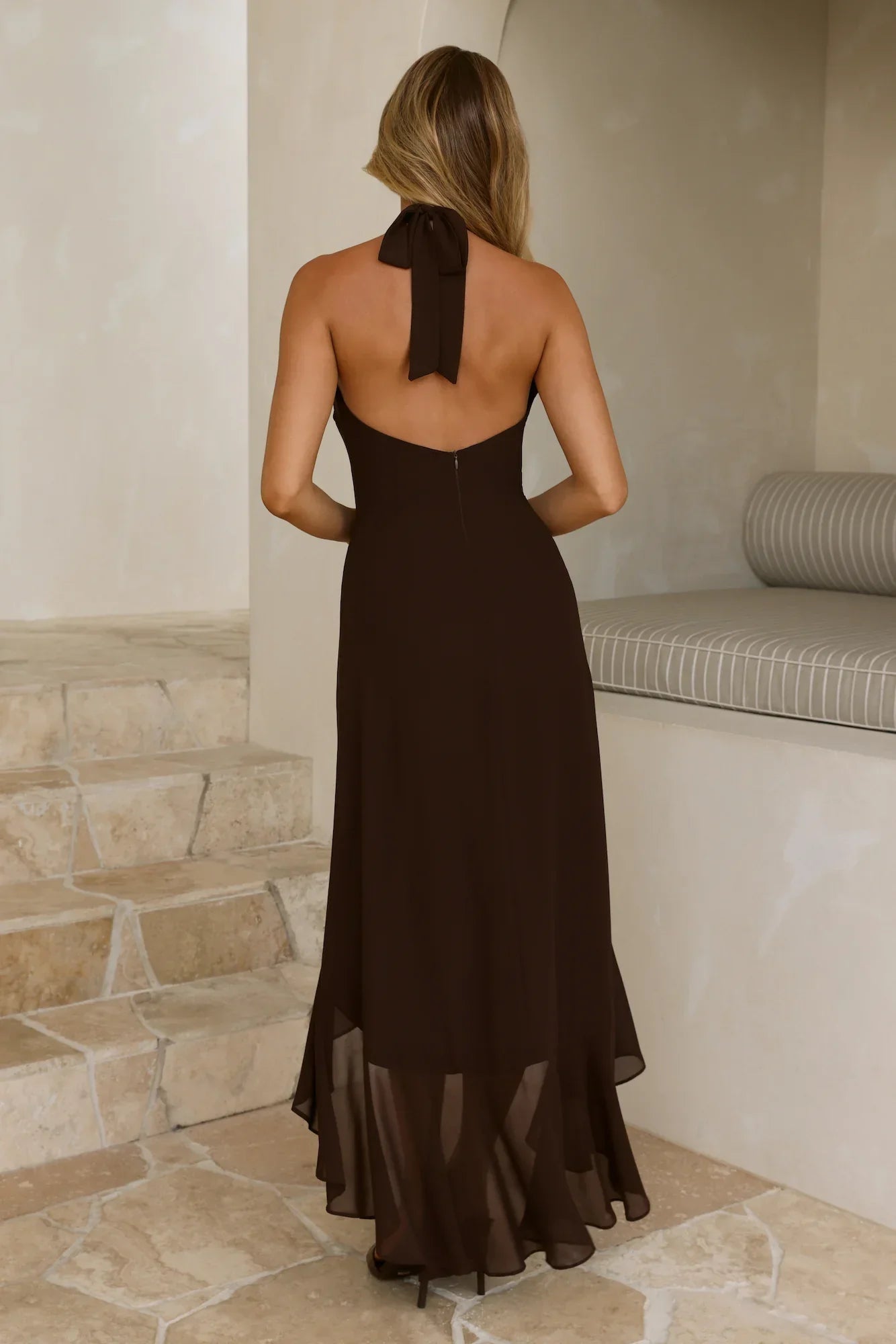 Dark Luxe Halter High-Low Maxi Dress Chocolate