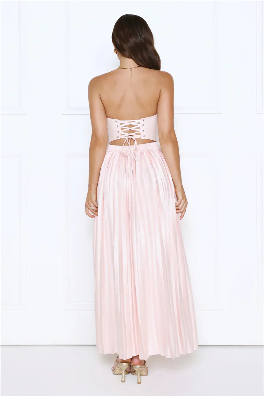 Glossed Over Strapless Satin Pleated Maxi Dress Pink