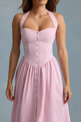 Button-Detail Halterneck Midaxi Dress in Soft Pink