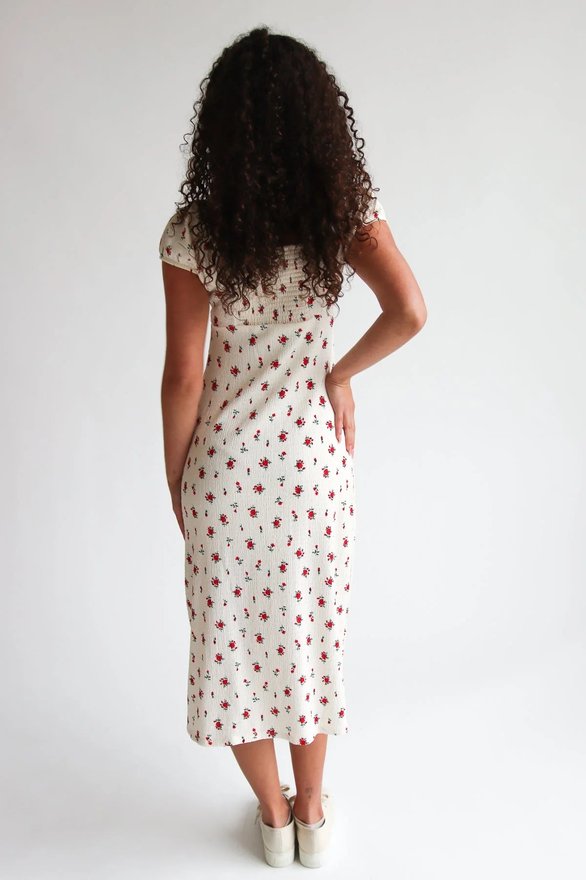 Rose Print Empire Waist Puff Sleeve Dress