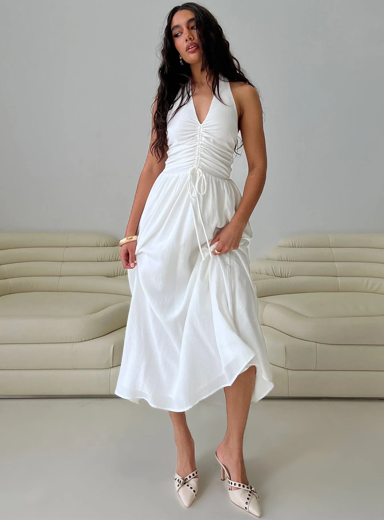 Jozefine Halter Ruched Maxi Dress White