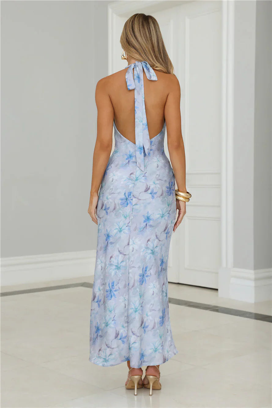 Dreamy Bloom Halter Cowl Maxi Dress Blue