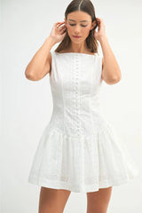 Henley Eyelet Florals Button Up Mini Dress - White