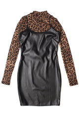 Pleather Mini Dress With Leopard Print Mesh Long Sleeve Tee