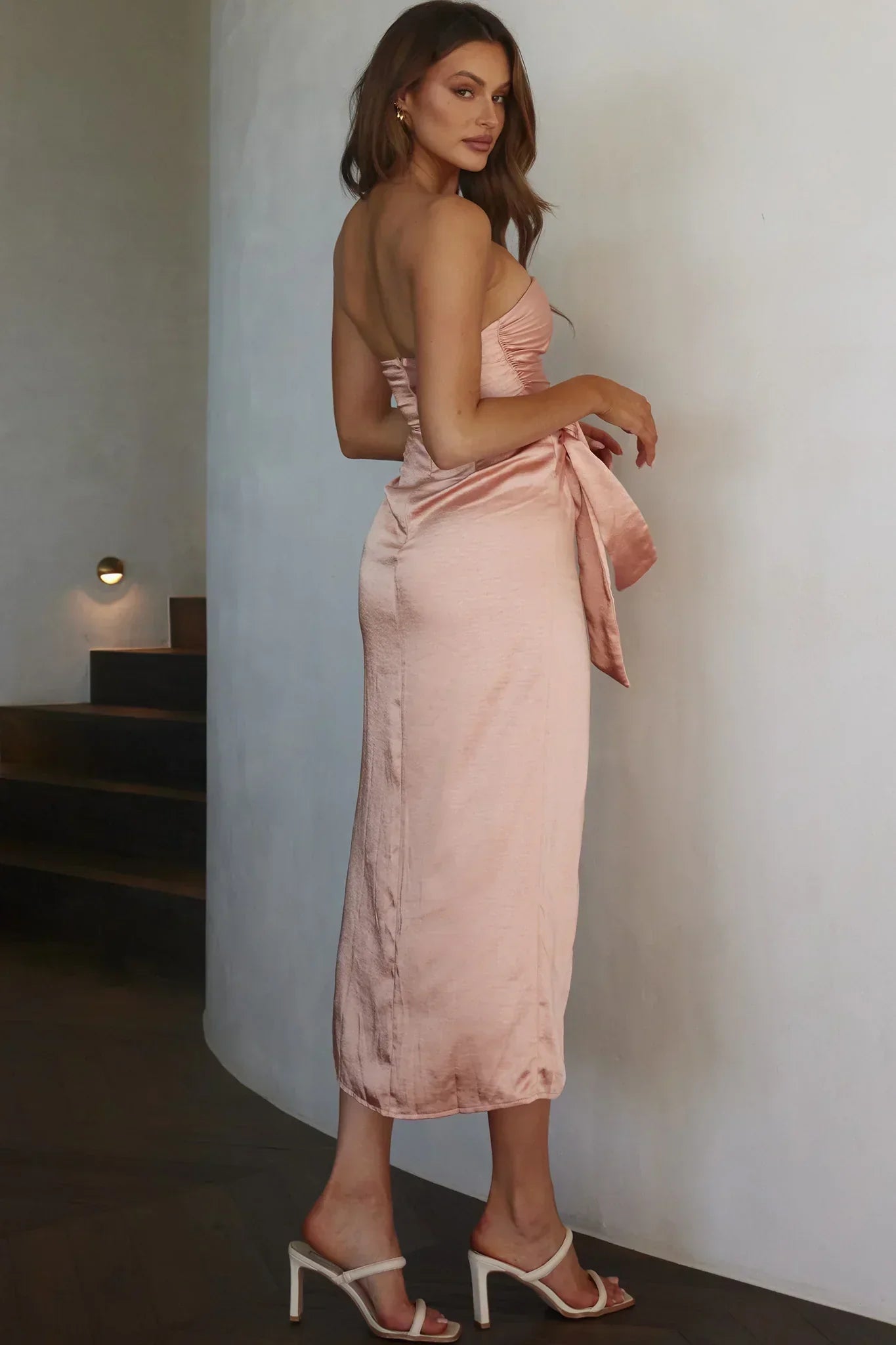 Gianna Strapless Waist Tie Midi Dress Peach