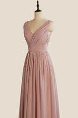 V Neck Blush Pleated A-line Long Dress