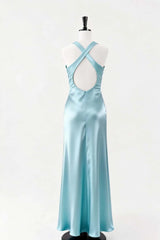 V Neck Light Blue Satin Long Dress