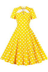 Yellow and White Polk Dots Bow Swing Dress