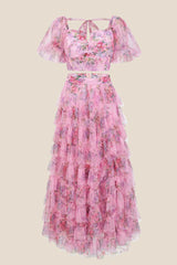 Two Pieces Lavender Floral Print Tiered Long Dress