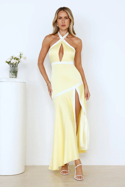 Mango Sunset Halter Satin Maxi Dress Yellow