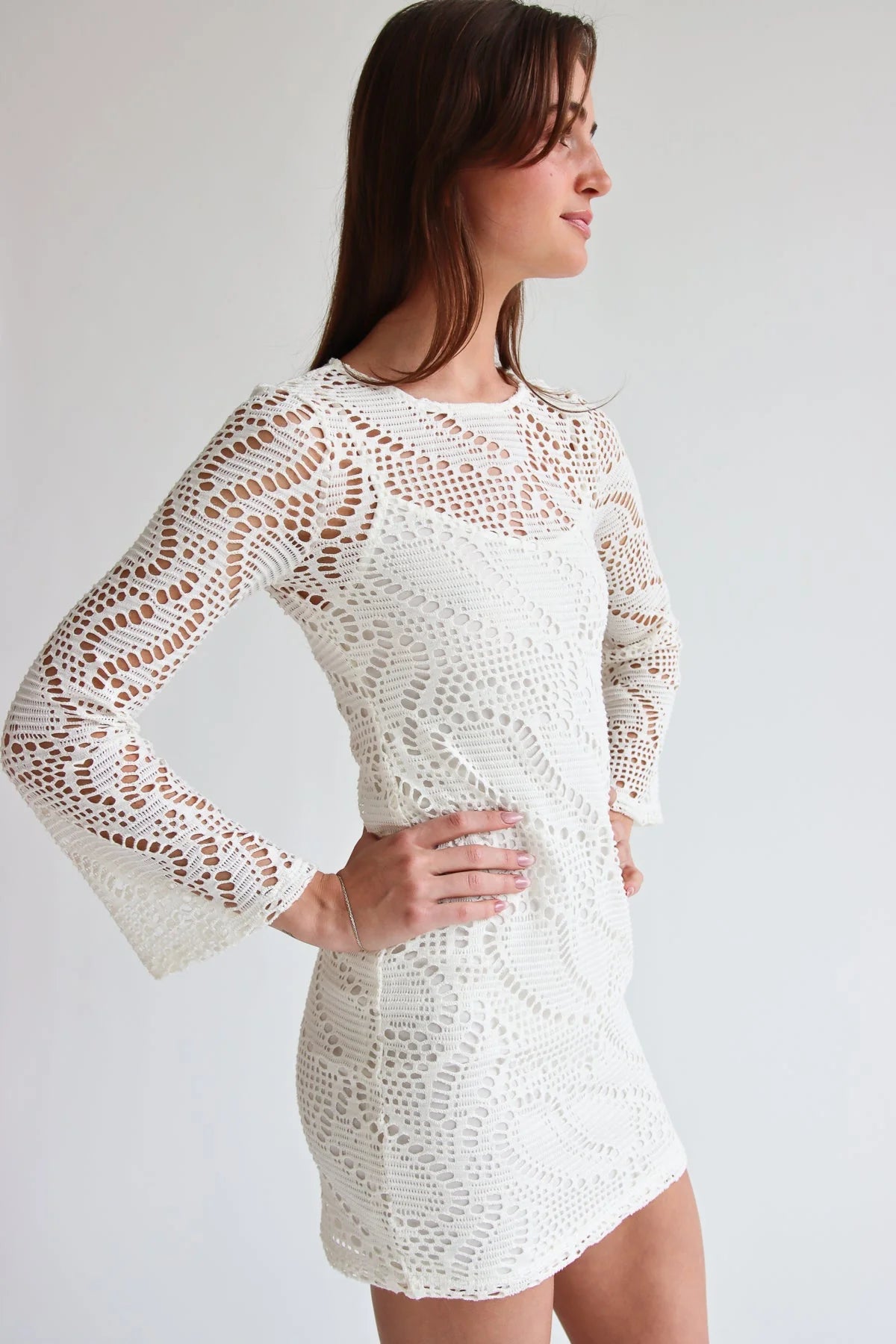 Bell Sleeve Crochet Dress With Slip