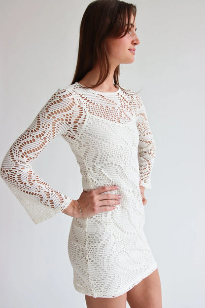 Bell Sleeve Crochet Dress With Slip