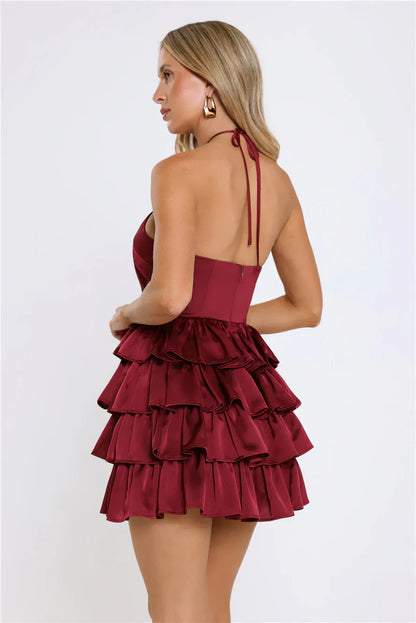 Moonlit Star Halter Satin Mini Dress Burgundy