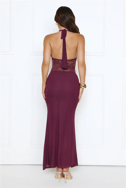 Haute Habit Halter Lace Maxi Dress Plum