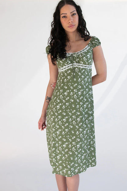 Puff Sleeve Lace Trim Floral Maxi Dress