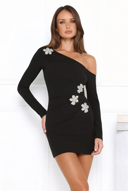 Noir Bloom Off Shoulder Long Sleeve Mini Dress Black