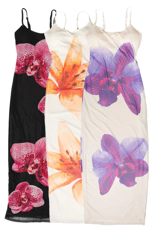 Large Flower Print Mesh Maxi Dress