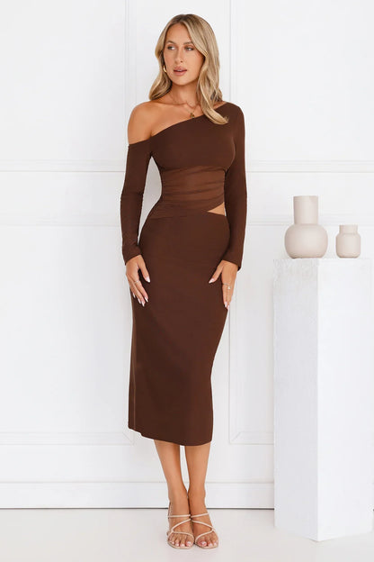 More To Want Long Sleeve Mesh Midi Dress Brown