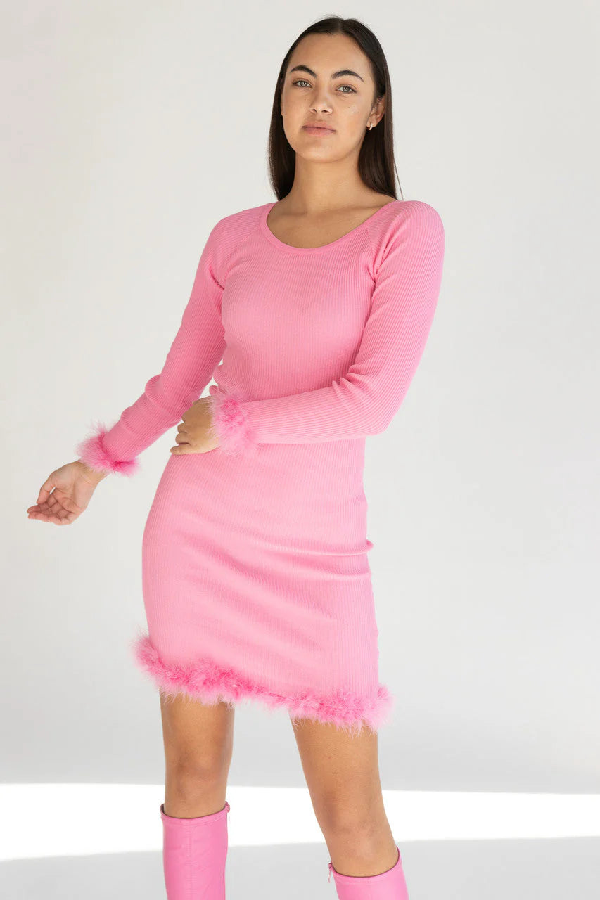 Feather Trim Long Sleeve Mini Dress