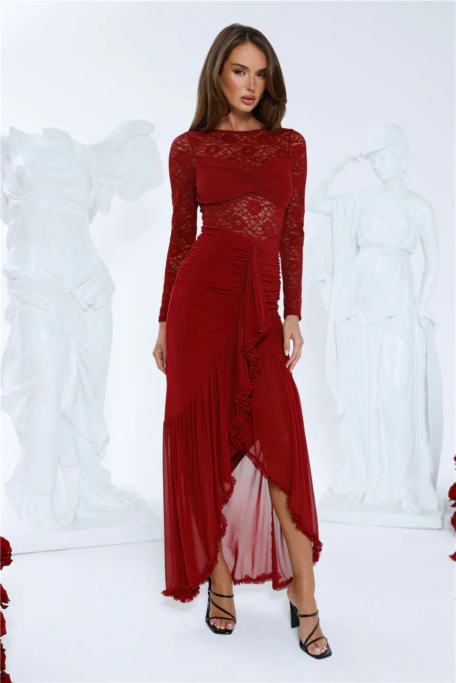 Flirtation Hour Lace Long Sleeve Maxi Dress Burgundy