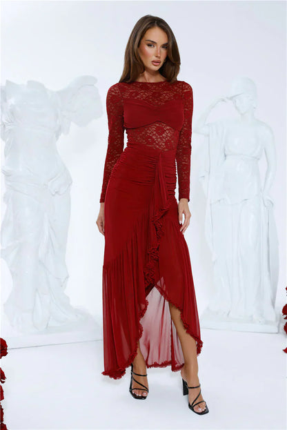 Flirtation Hour Lace Long Sleeve Maxi Dress Burgundy