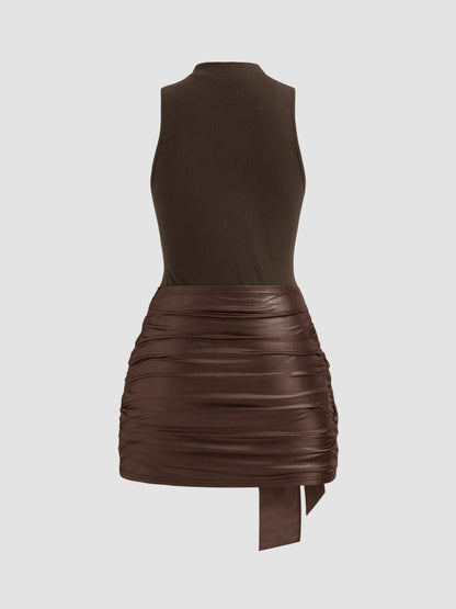 High Neck Ruched Knotted Mini Dress