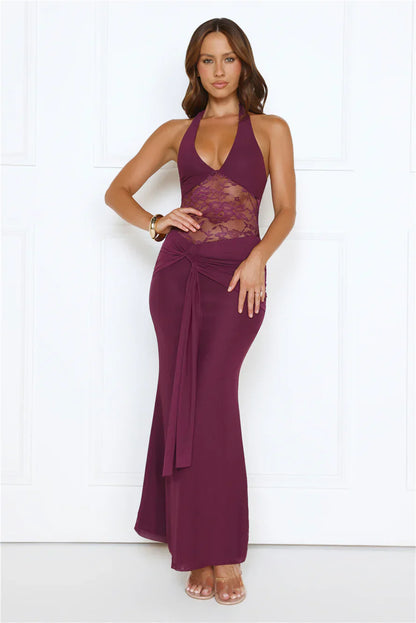 Haute Habit Halter Lace Maxi Dress Plum