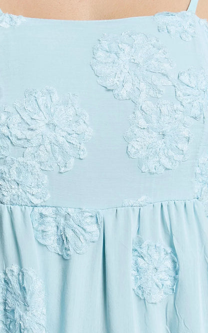 Claya Maxi Dress - Sleeveless Straight Neckline Floral Detail Dress in Pale Blue