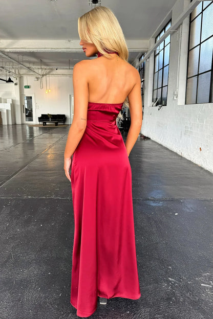 Arabelle High Neck Satin Maxi Dress - Burgundy