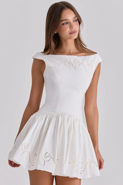 white cotton broderie anglaise boat neck mini dress