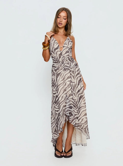 Roxine Asymmetrical Halter Maxi Dress Animal Multi