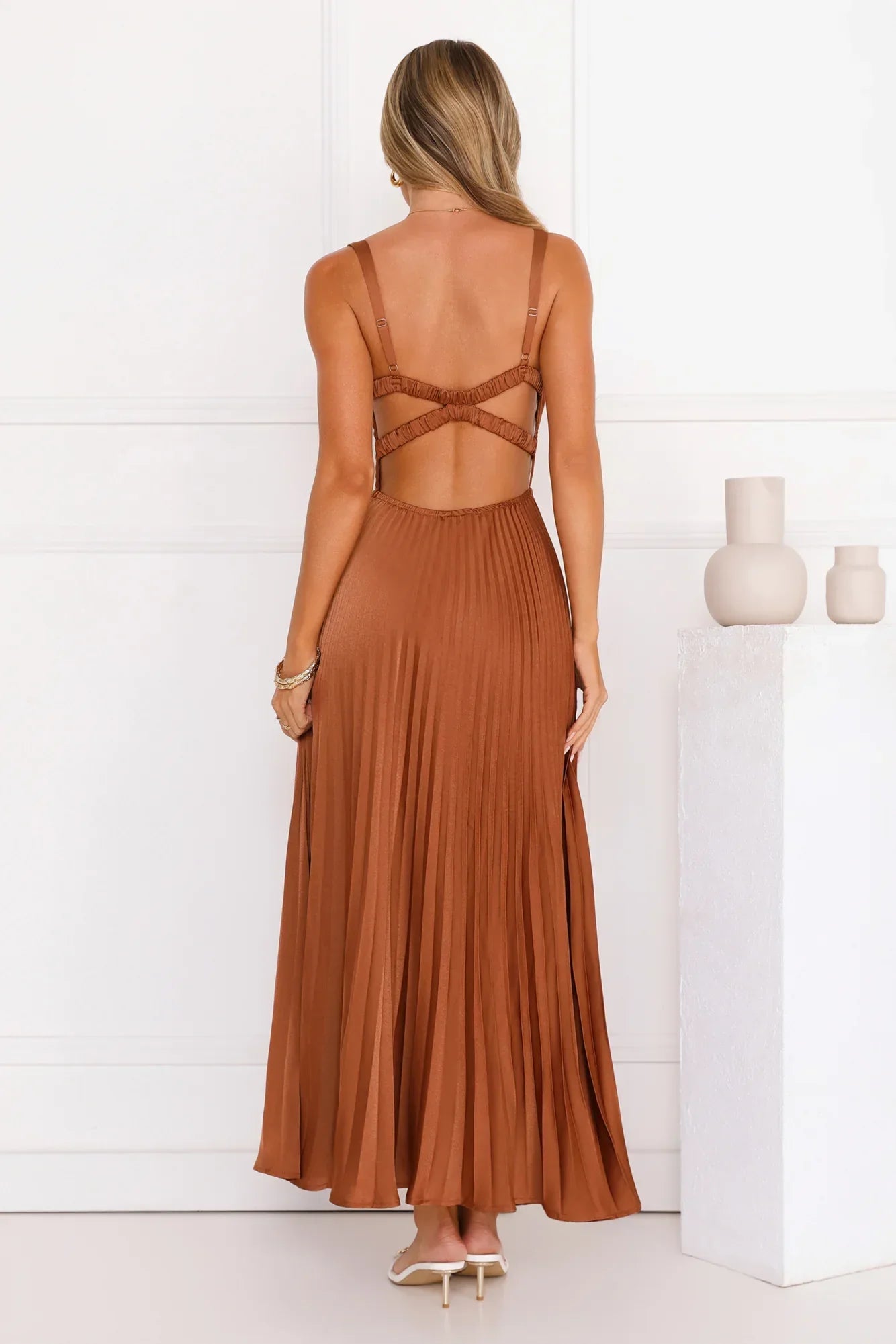 Evening Reverie Pleated Maxi Dress Brown