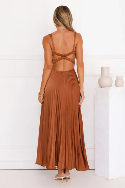 Evening Reverie Pleated Maxi Dress Brown