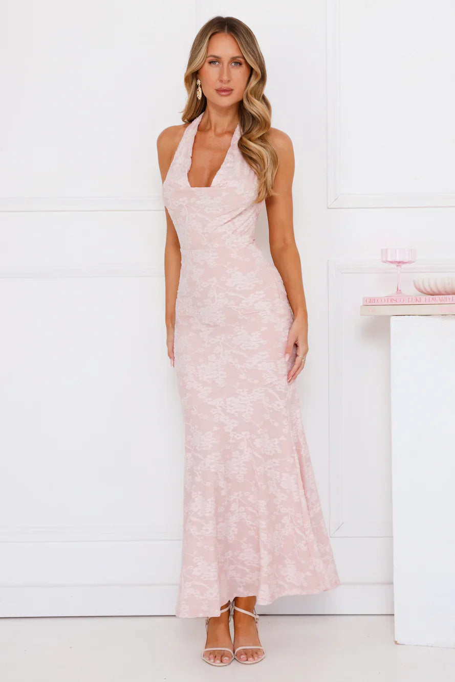 Coconut Whirl Halter Maxi Dress Pink