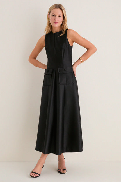 Black Dupioni Helene Midi Dress
