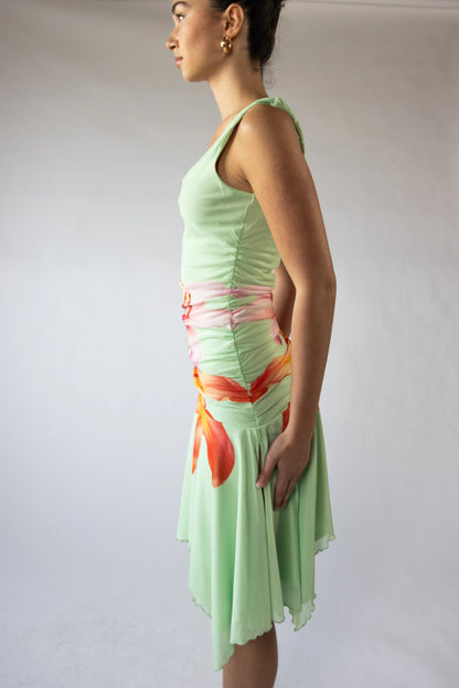 Flower Mesh Hanky Hem Midi Dress