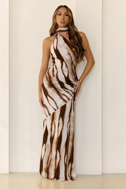 Heatwave Nights Halter Maxi Dress Brown