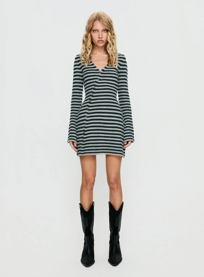 Morgen Asymmetrical Long Sleeve Mini Dress Grey / Green Stripe