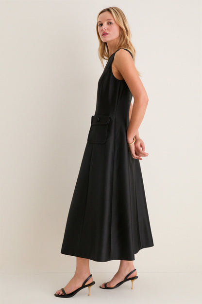 Black Dupioni Helene Midi Dress