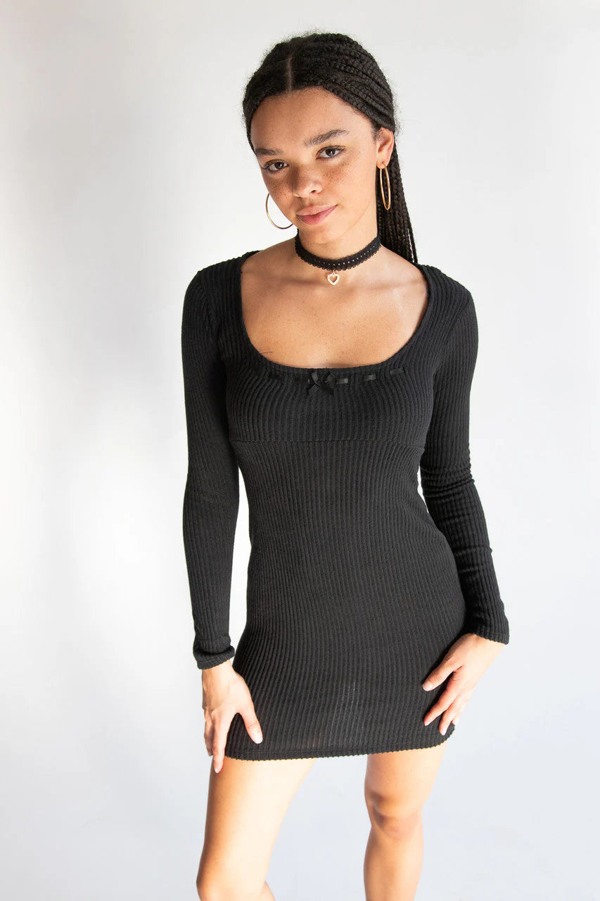 Ribbon Detail Ribbed Sweater Dress