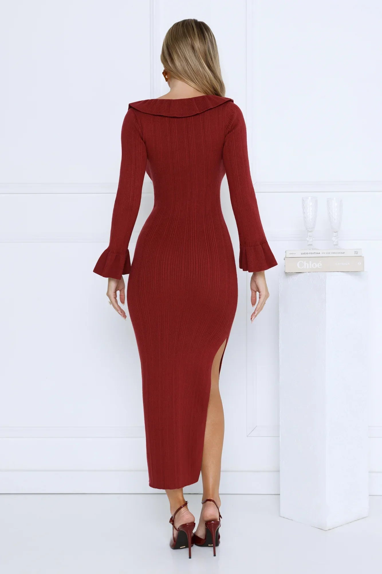 Night Style Ribbed Maxi Dress Burgundy