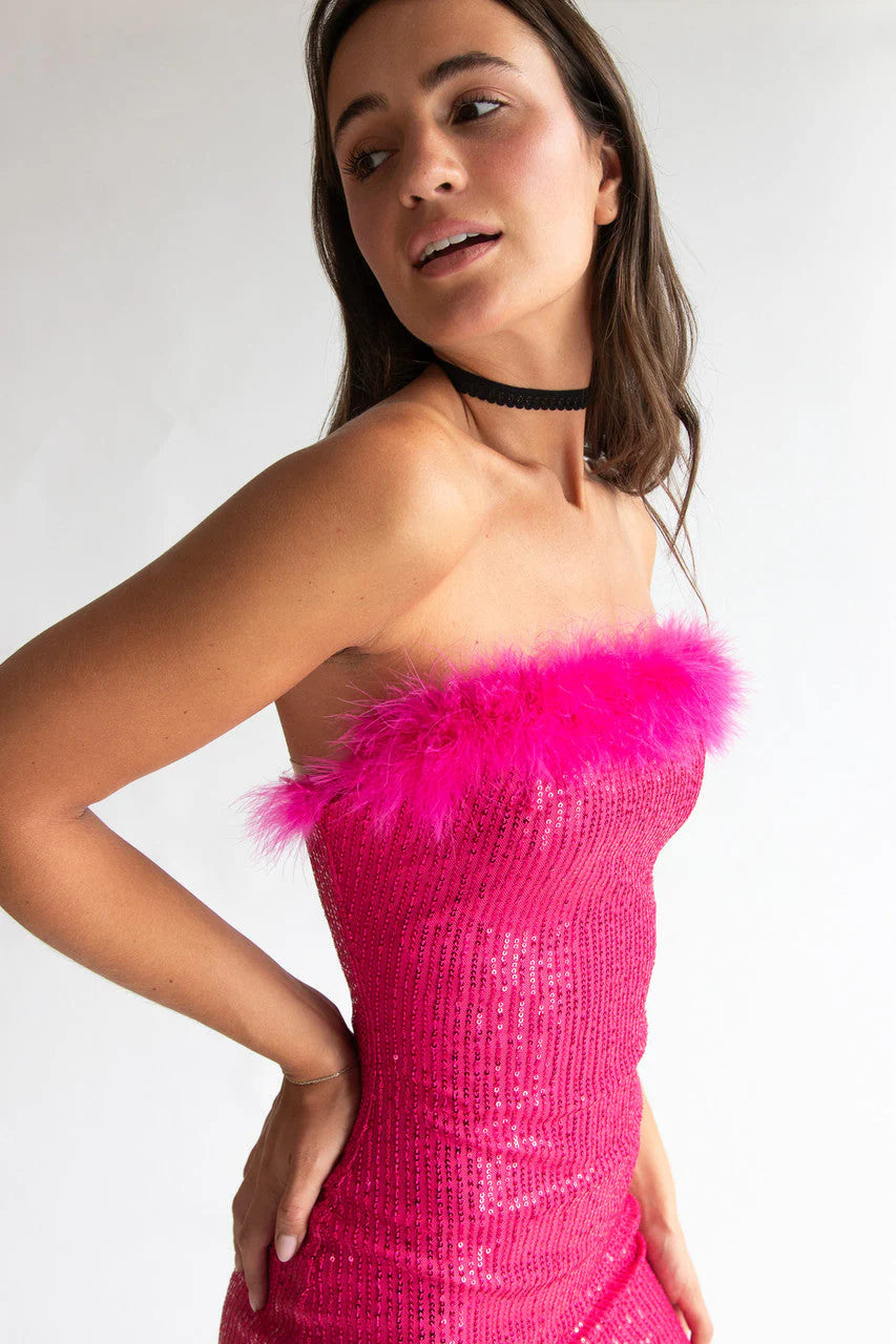 Sequin Fur Trim Strapless Mini Dress