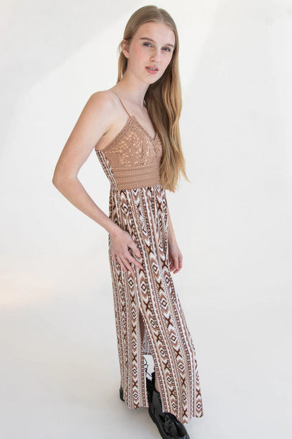 Lace Top Border Print Maxi Dress