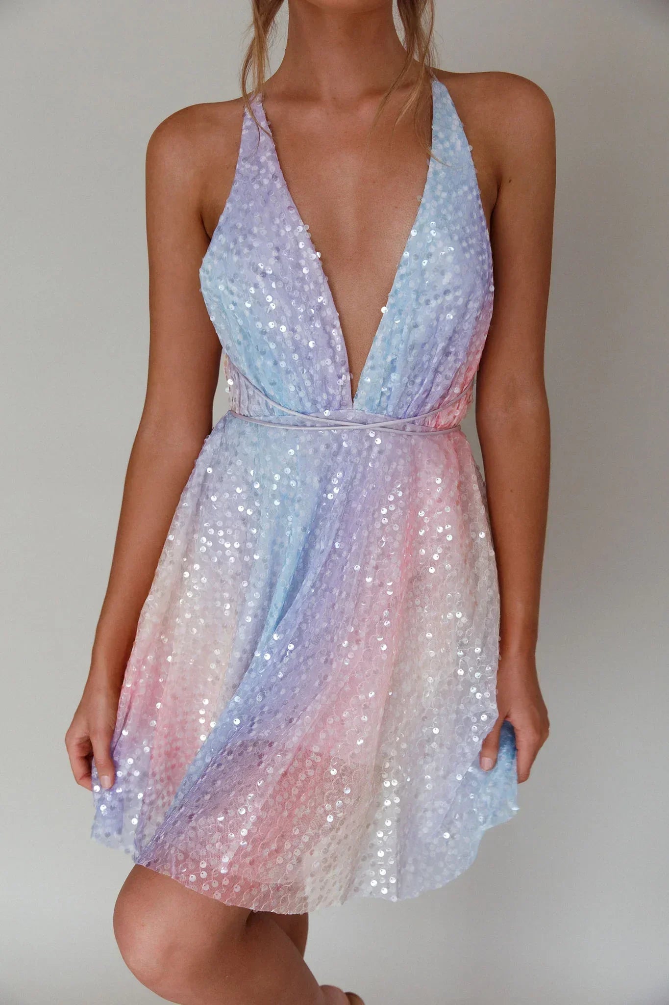 Floating By Plunging Neckline Mini Dress Sequin Rainbow